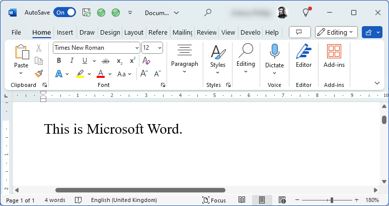 A Microsoft Word document containing the typed text, 'This is Microsoft Word.'