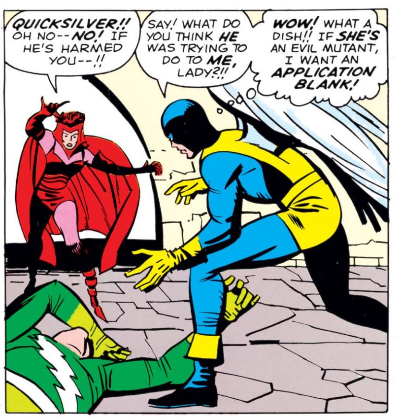 A classic comic book scene featuring Scarlet Witch, Quicksilver, and Angel.