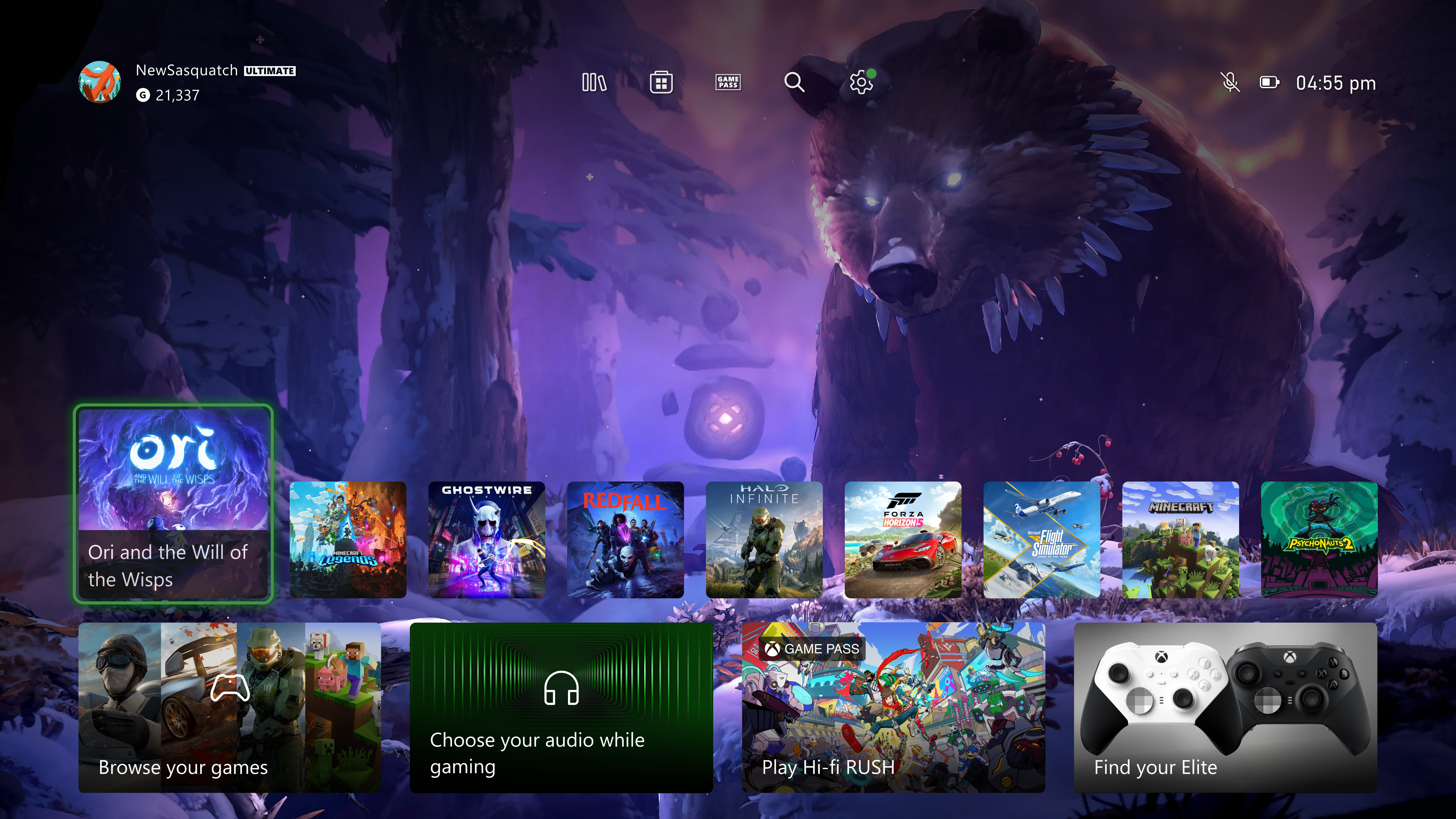 Xbox Home Screen Showing Quick Access Menu at the top.