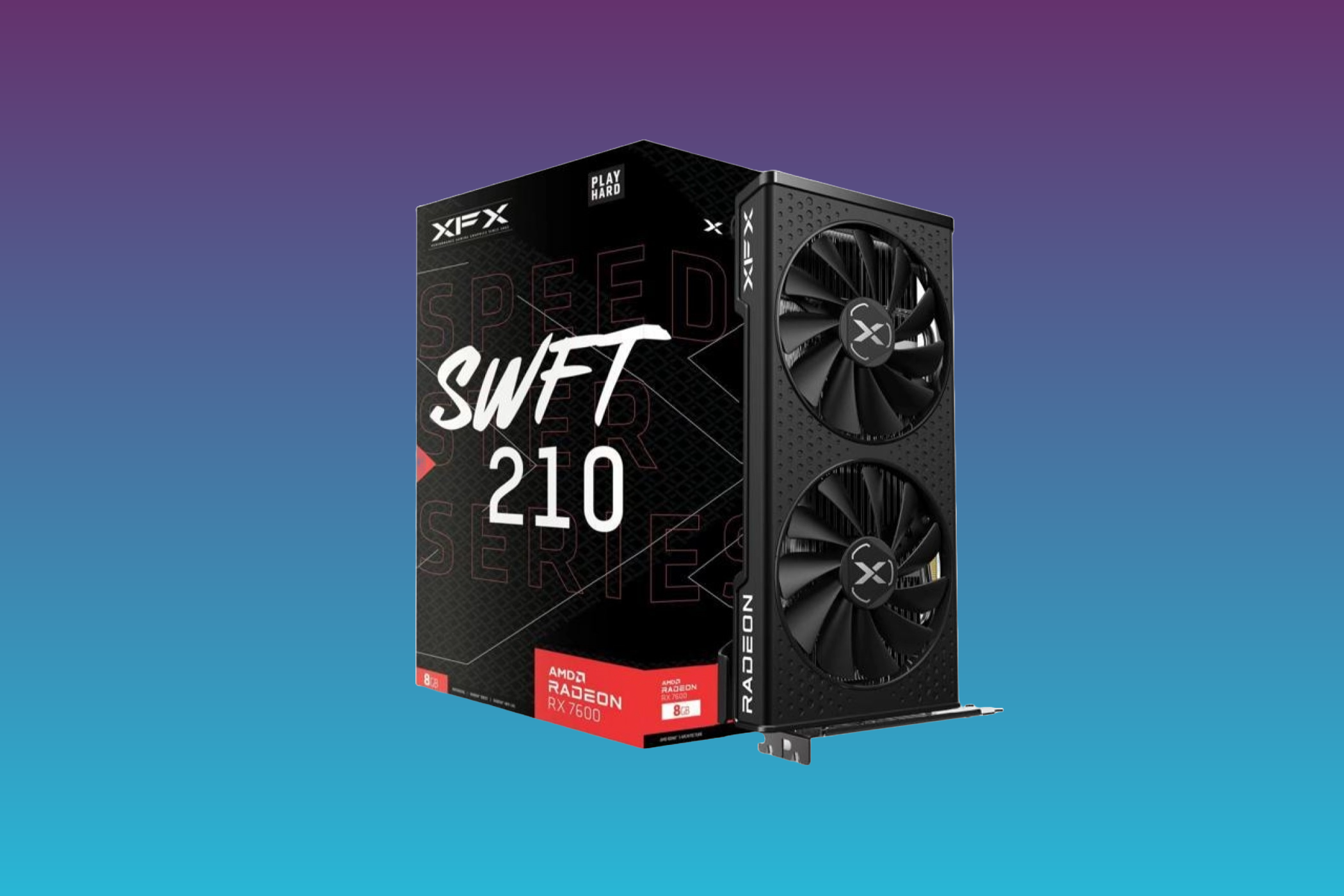 XFX SPEEDSTER SWFT210 RADEON RX 7600  against a blue and violet background.