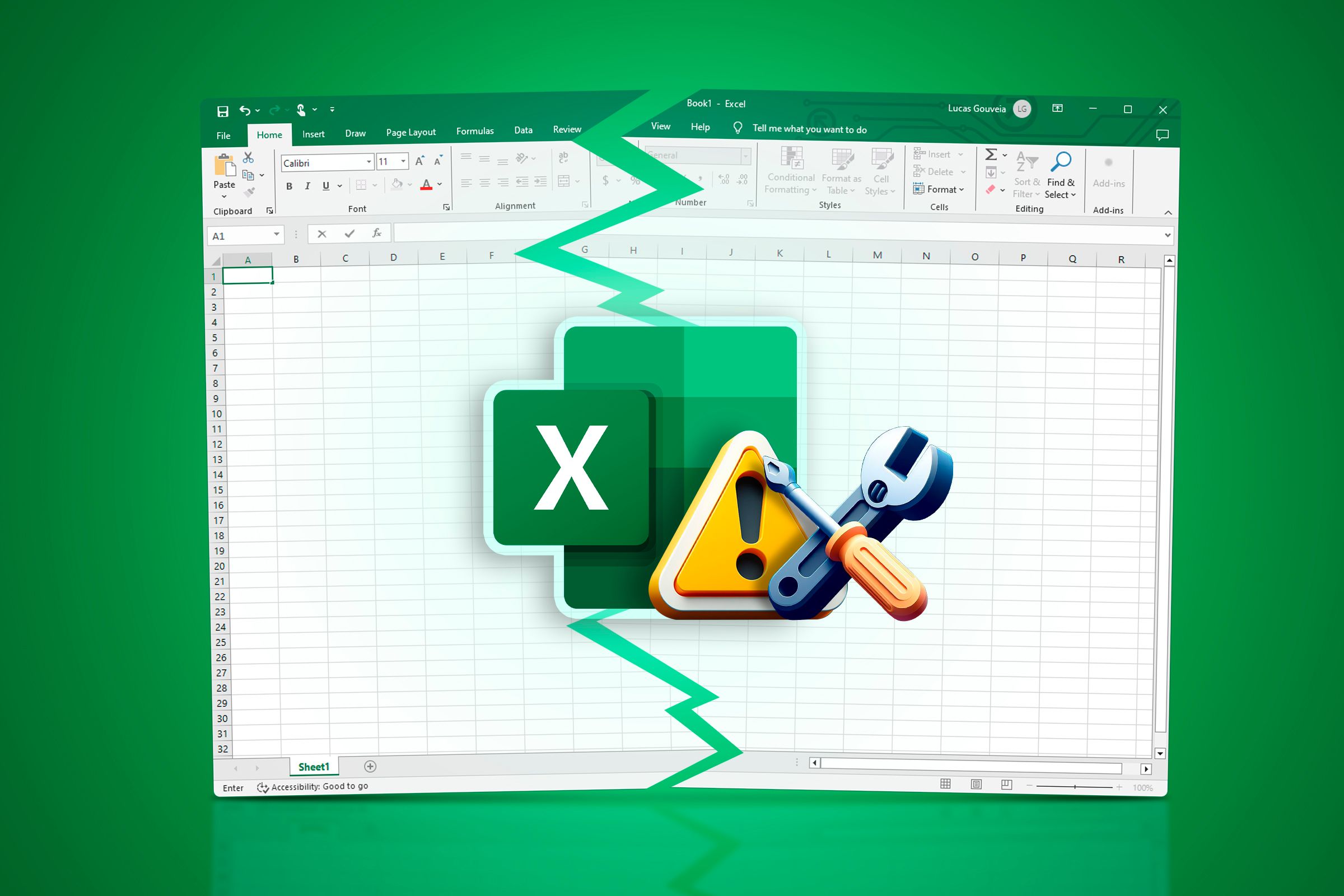 A broken Excel spreadsheet with the Excel logo in the center and a repair icon.