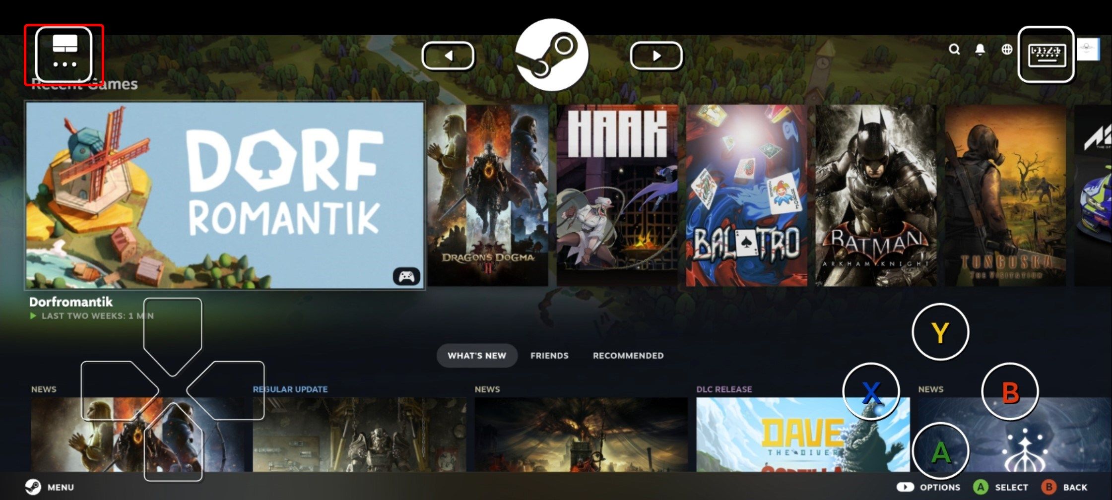 Steam Big Picture Home Screen streaming to Steam Link.