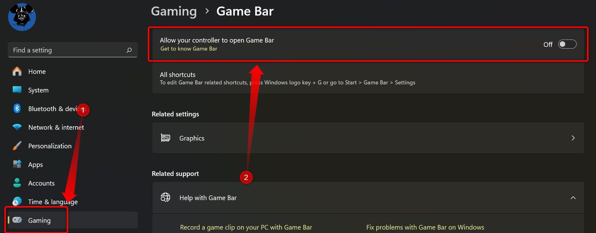 Gaming options menu in Windows 11. 