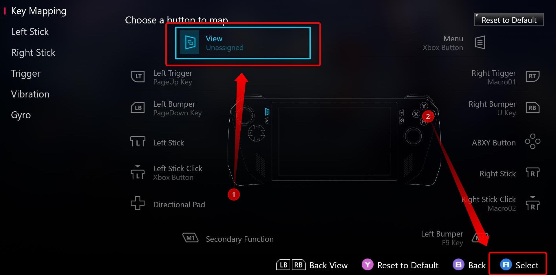 Button configuration menu on an ROG Ally. 