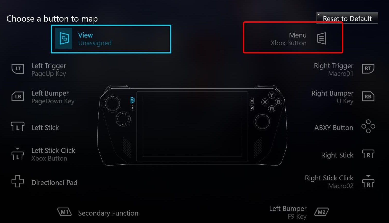 ROG Ally's gamepad configuration menu. 