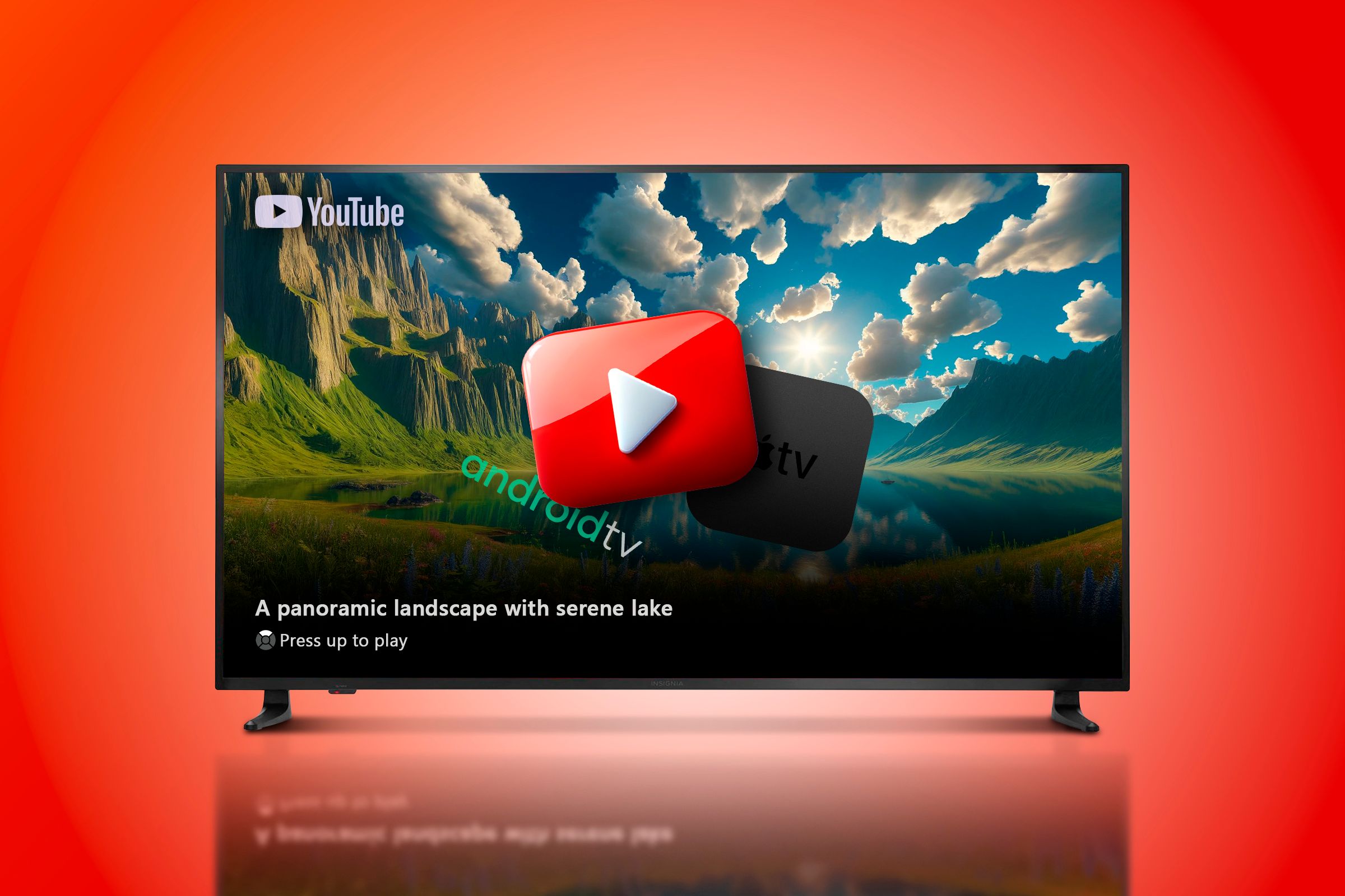 A smart TV set displaying a nature landscape screensaver with the YouTube logo in front of Android TV and Apple TV logos.