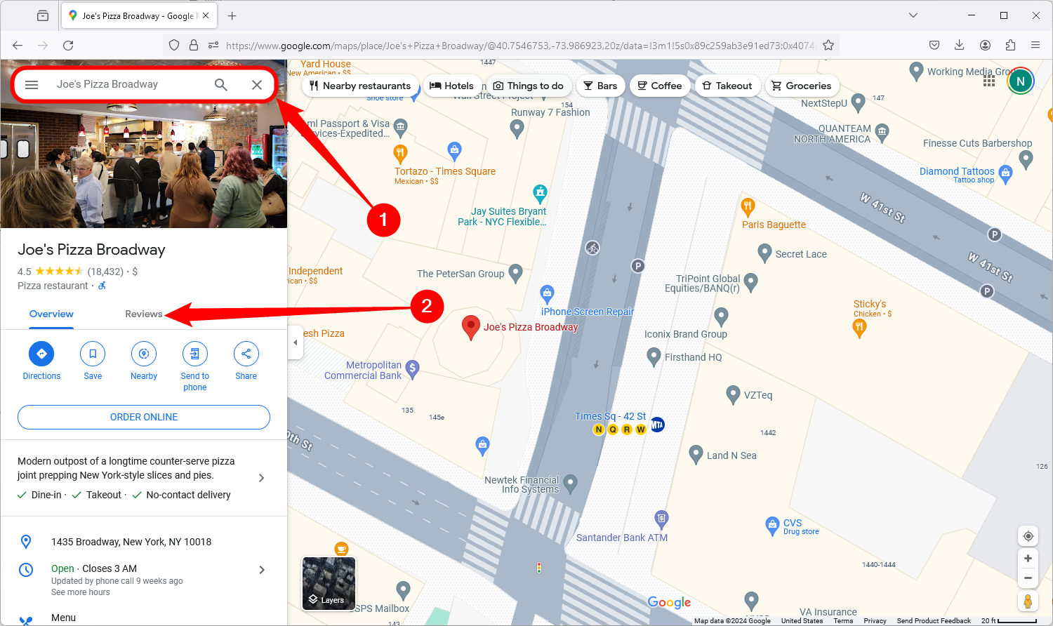 Search for the location you'd like to review, then click the 'Reviews' tab.