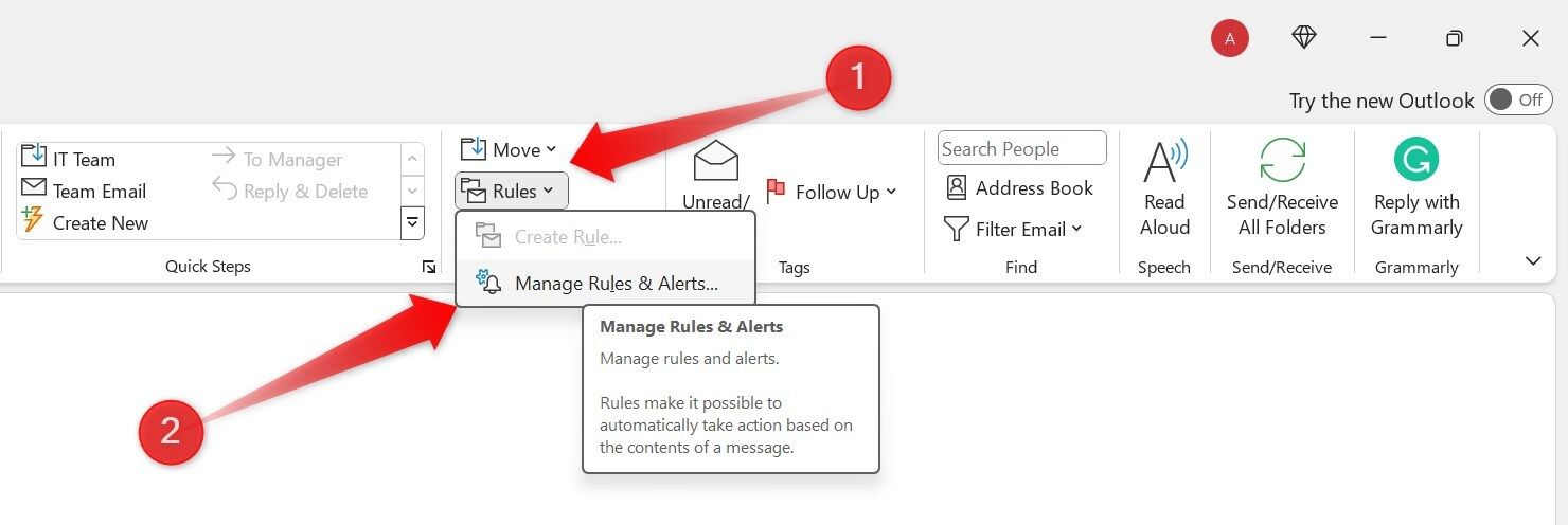 Opening the rule and alerts settings in Outlook.