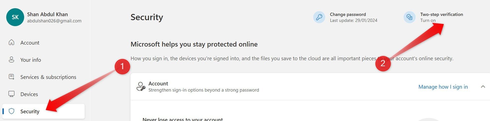 Opening the settings to setup two-step verification for Microsoft account.