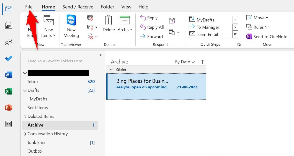 'File' highlighted in Outlook.