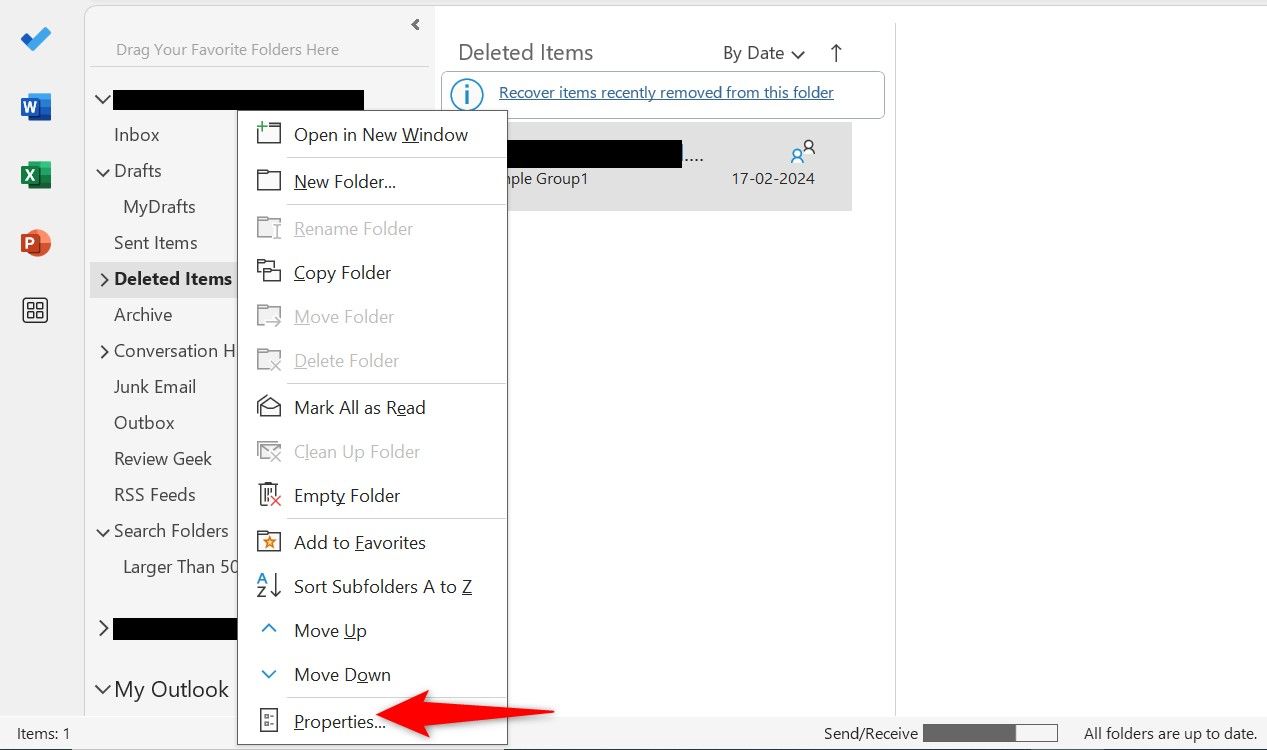 'Properties' highlighted for the 'Deleted Items' folder in Outlook.