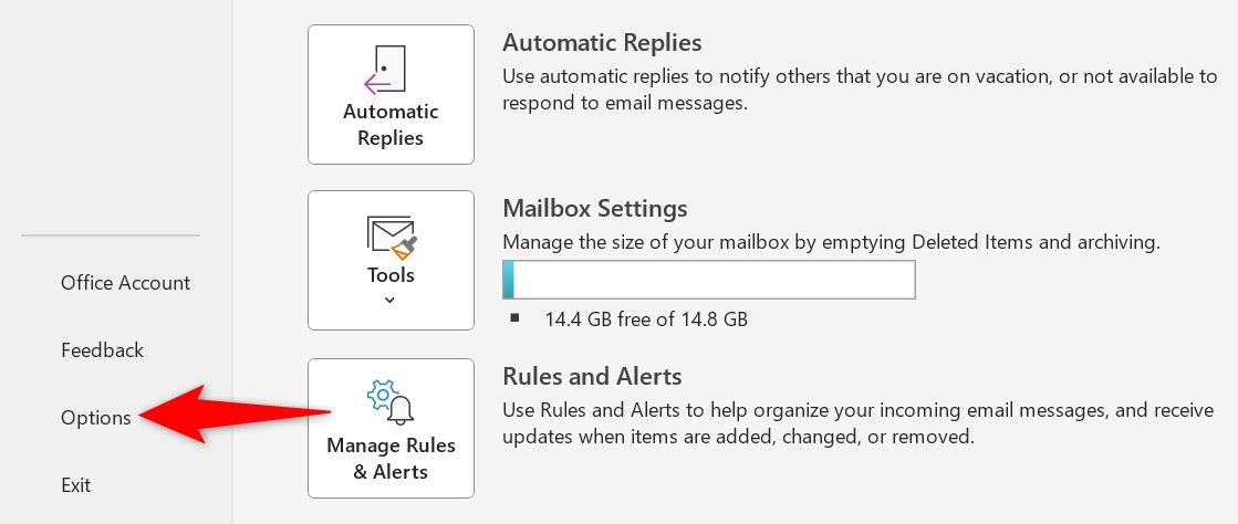 'Options' highlighted in Outlook.