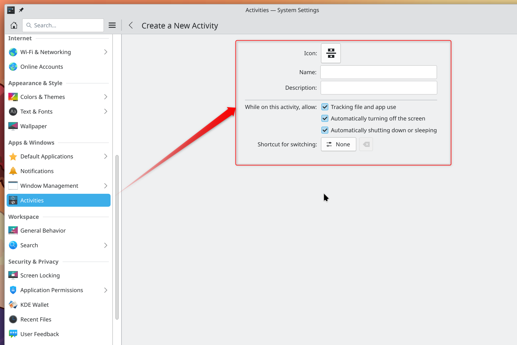 Creating a New KDE Activity