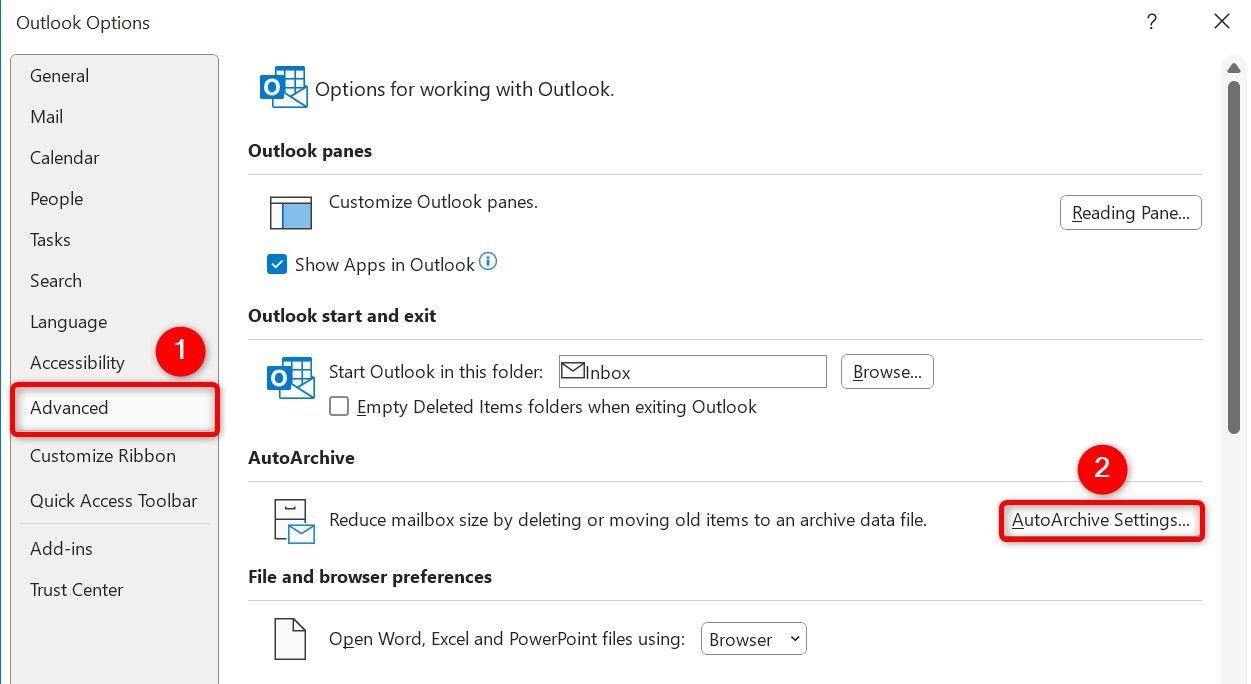 'AutoArchive Settings' highlighted in Outlook.