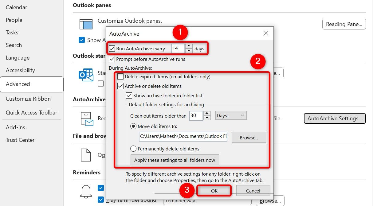 The 'AutoArchive' window in Outlook.