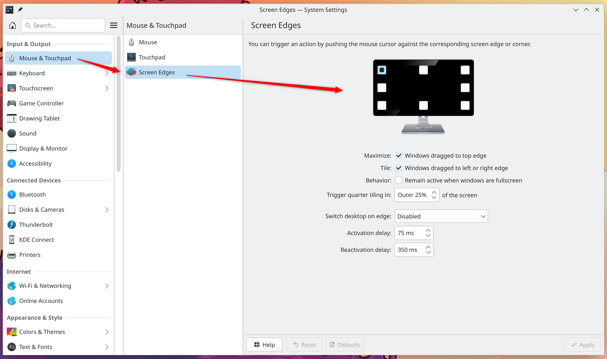 KDE Plasma Screen Edges Settings Page