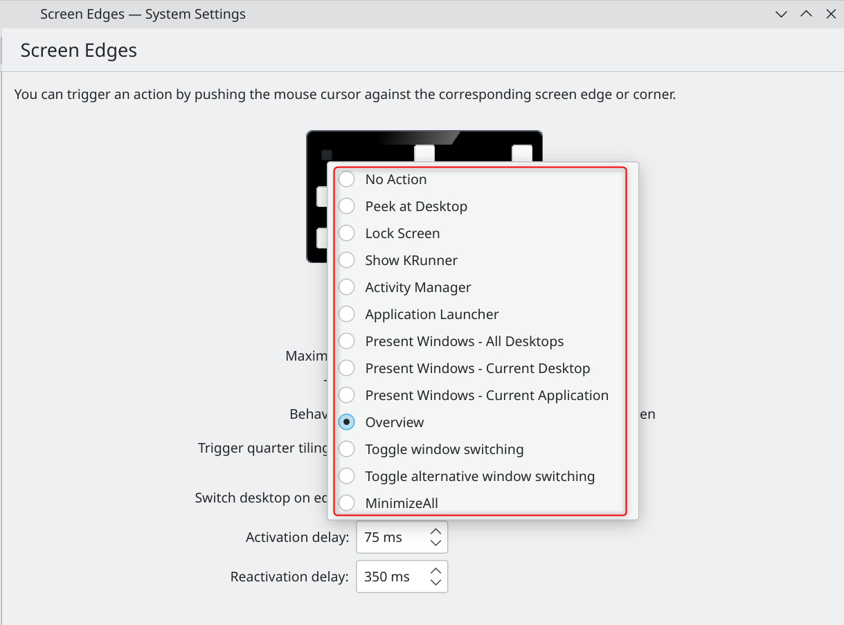 KDE Plasma Screen Edges drop down menu showing available options