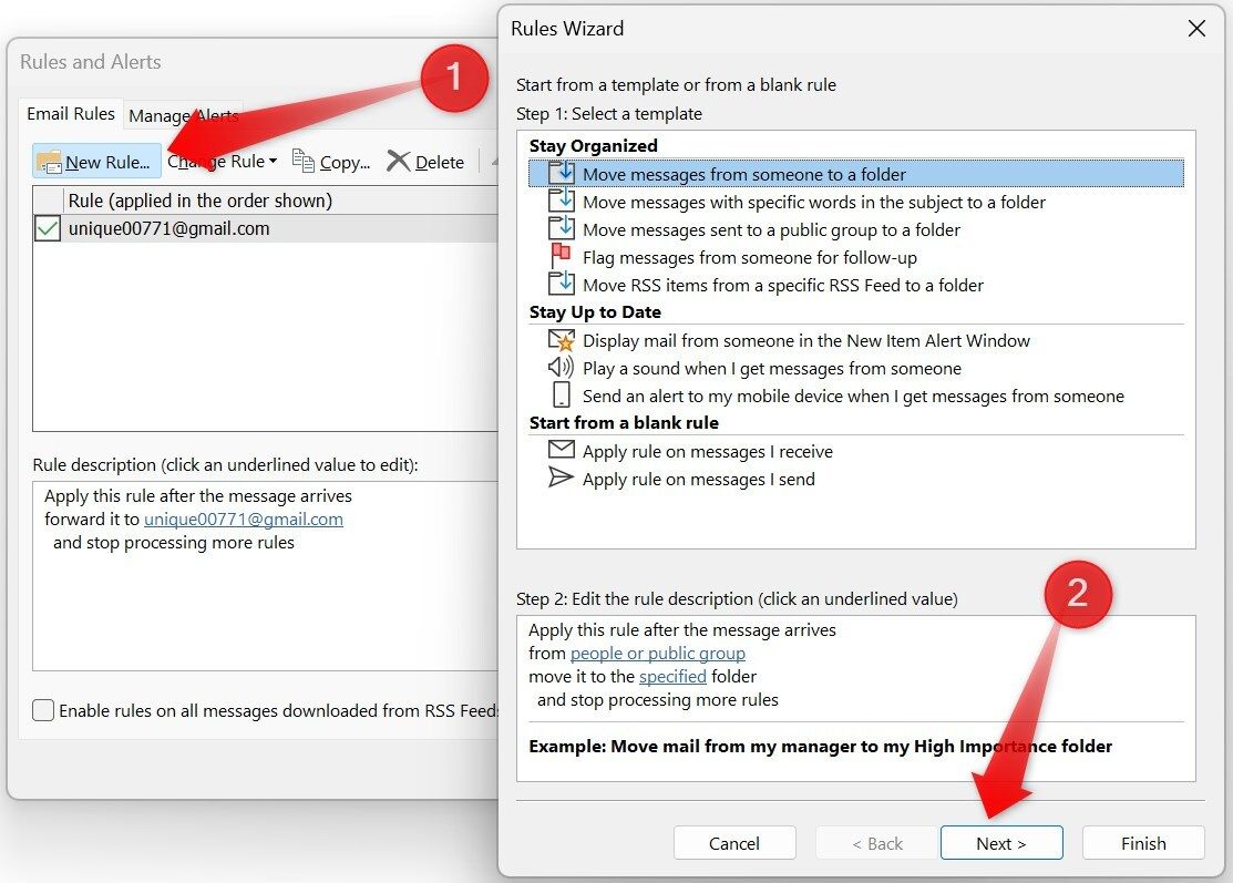 Creating a new rule from Rules Wizard window in Outlook.