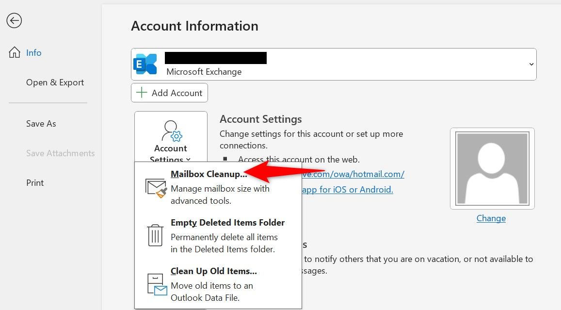 'Mailbox Cleanup' highlighted in Outlook.