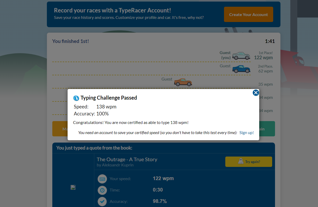 Typeracer showing a typing speed of 138wpm.