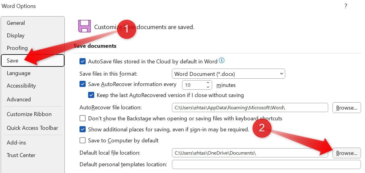 Changing the default save location in Microsoft Word.