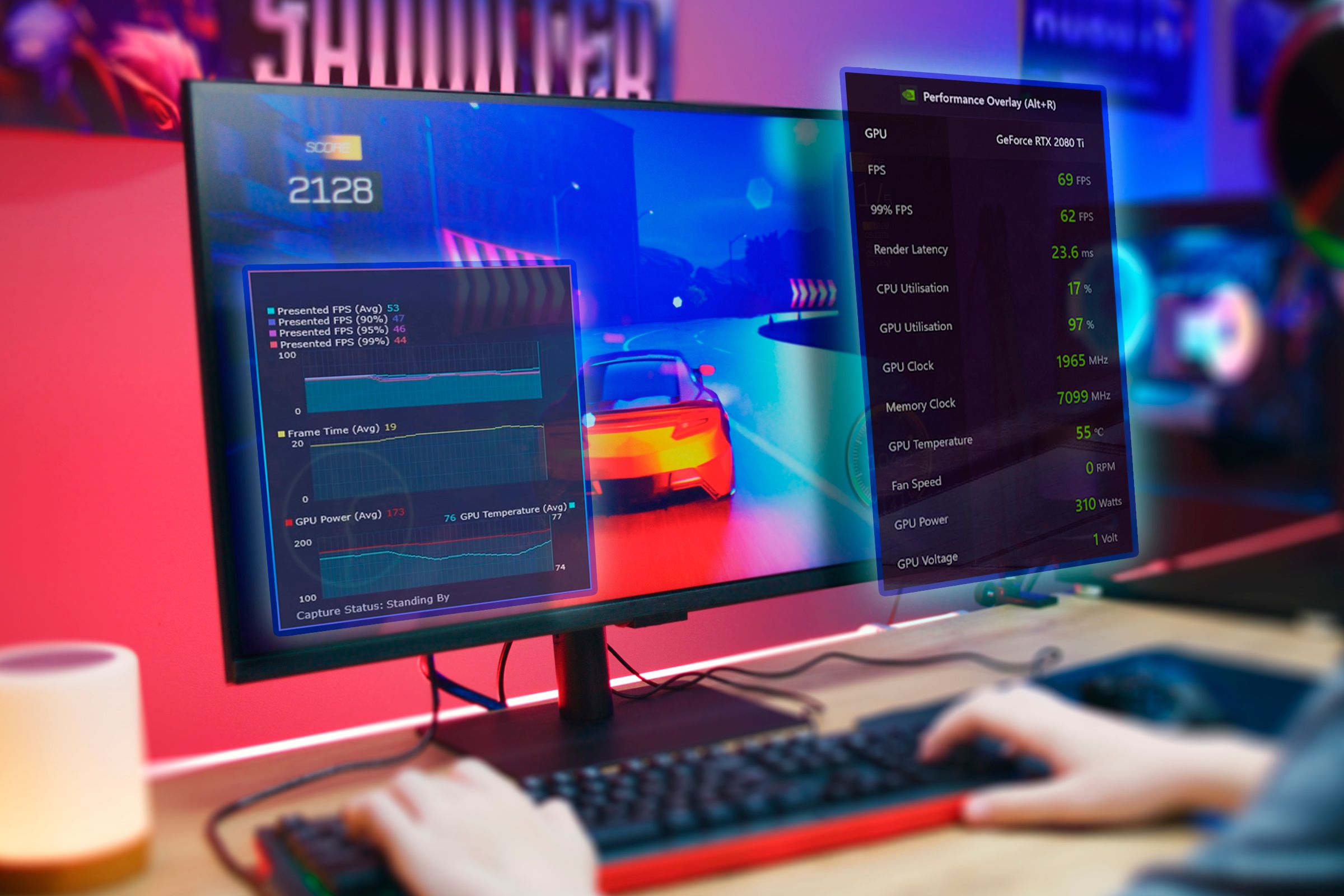 Person playing on PC with a performance monitor on the screen.