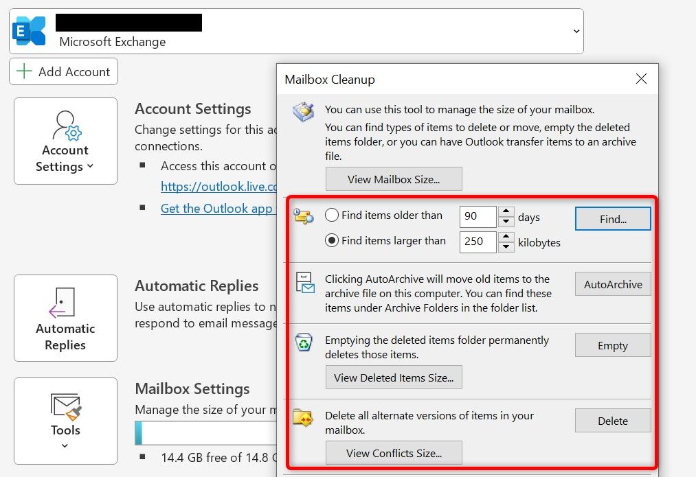 Mailbox Cleanup tool in Outlook.