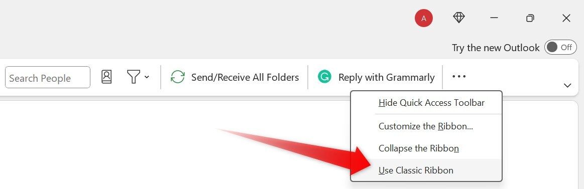 Switching to the classic ribbon mode in Outlook.