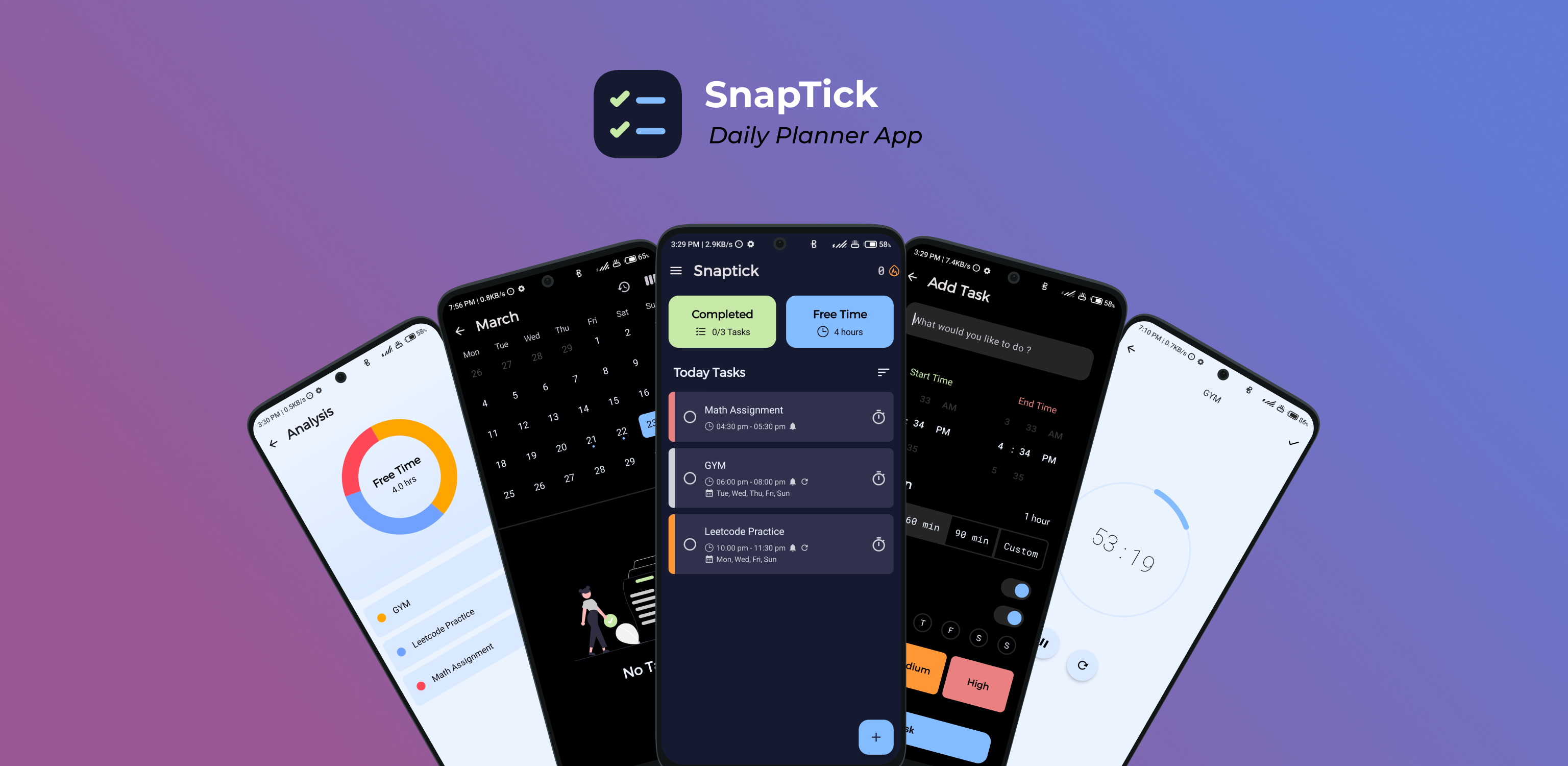 Different screens of the SnapTick app.