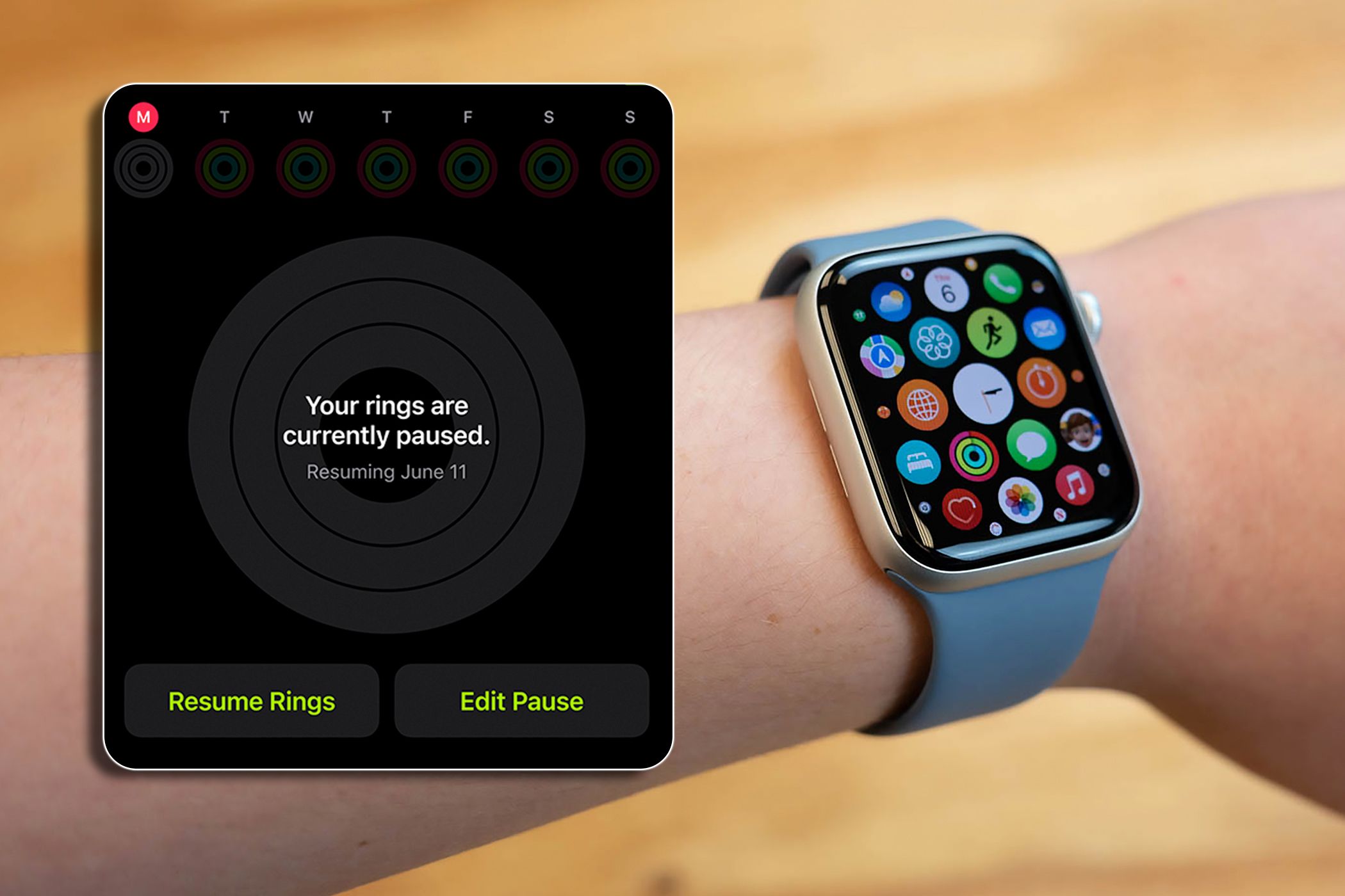 Pausing activity rings on the Apple Watch.