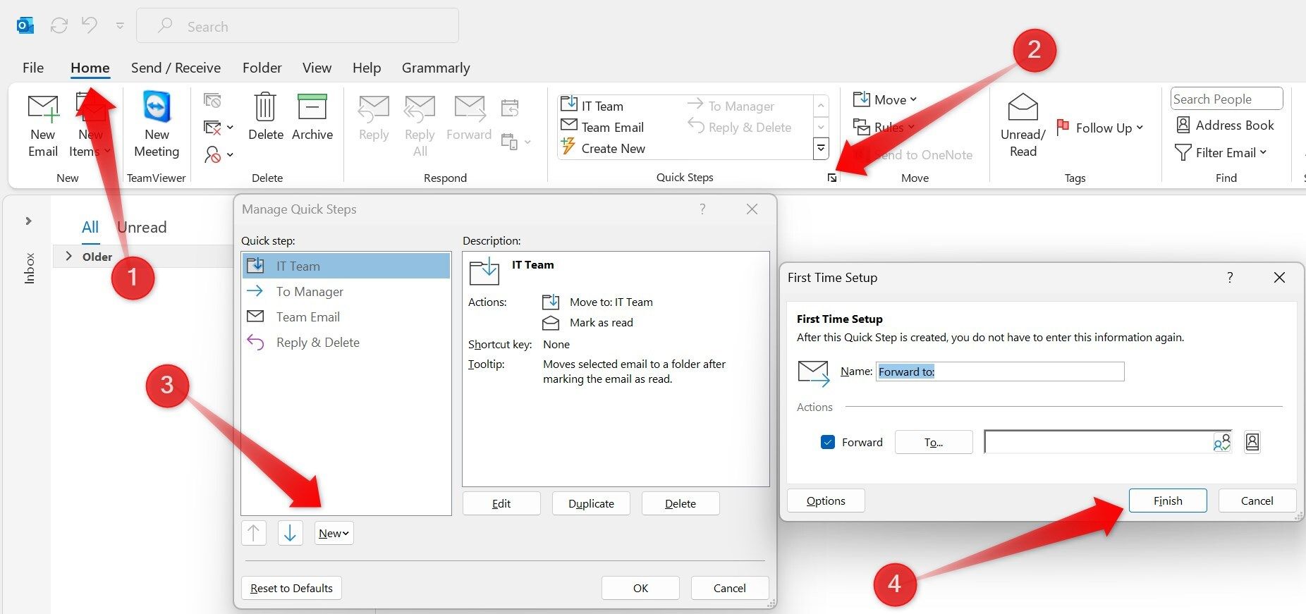 Creating a new quick step in Outlook.