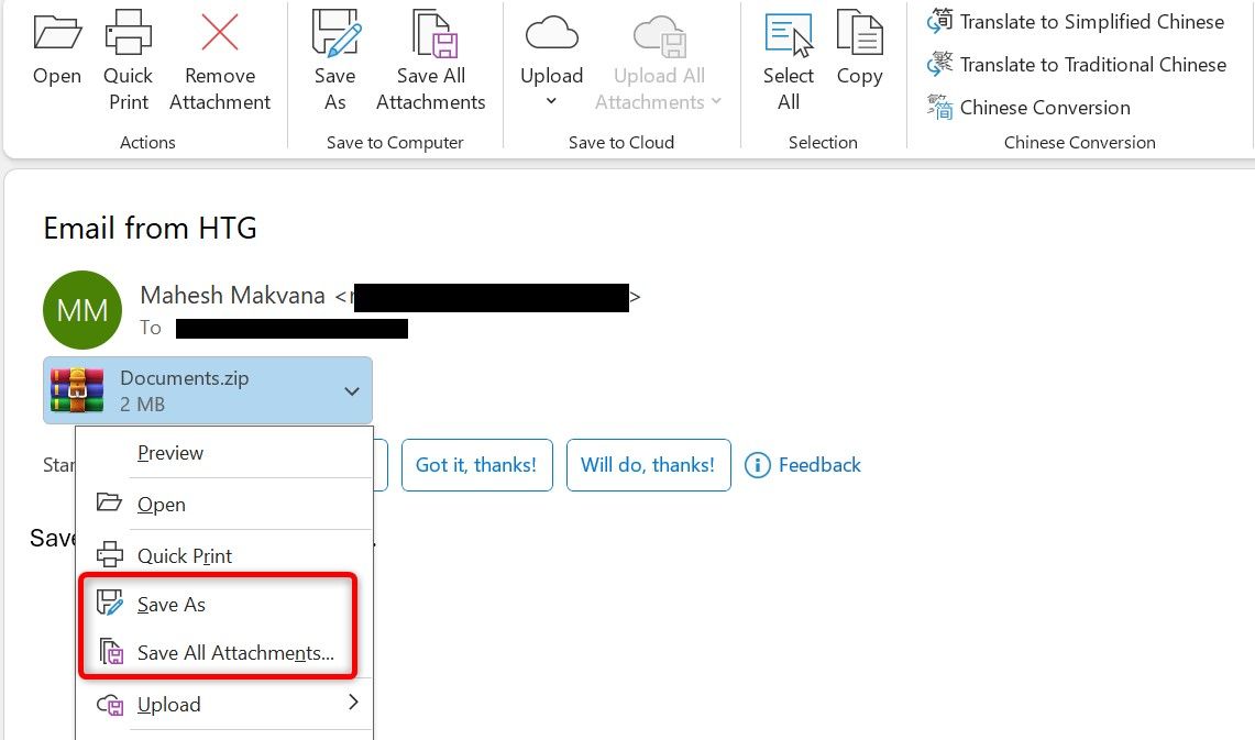 'Save As' and 'Save All Attachments' highlighted in Outlook.