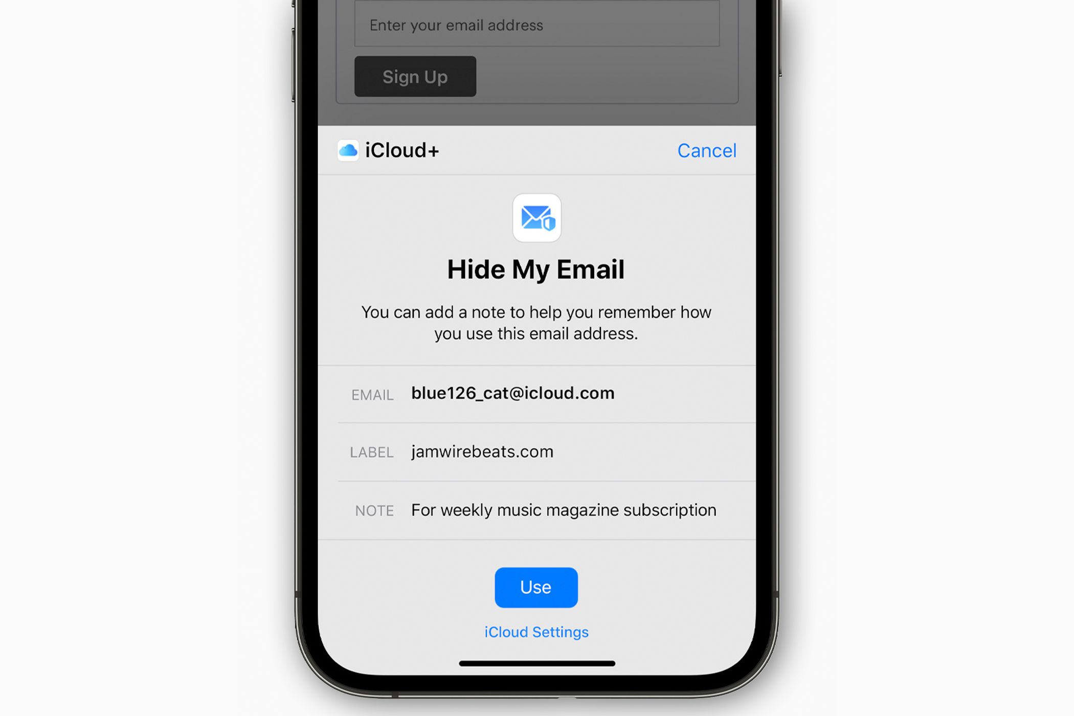 Screenshot of Hide My Email on an iPhone.