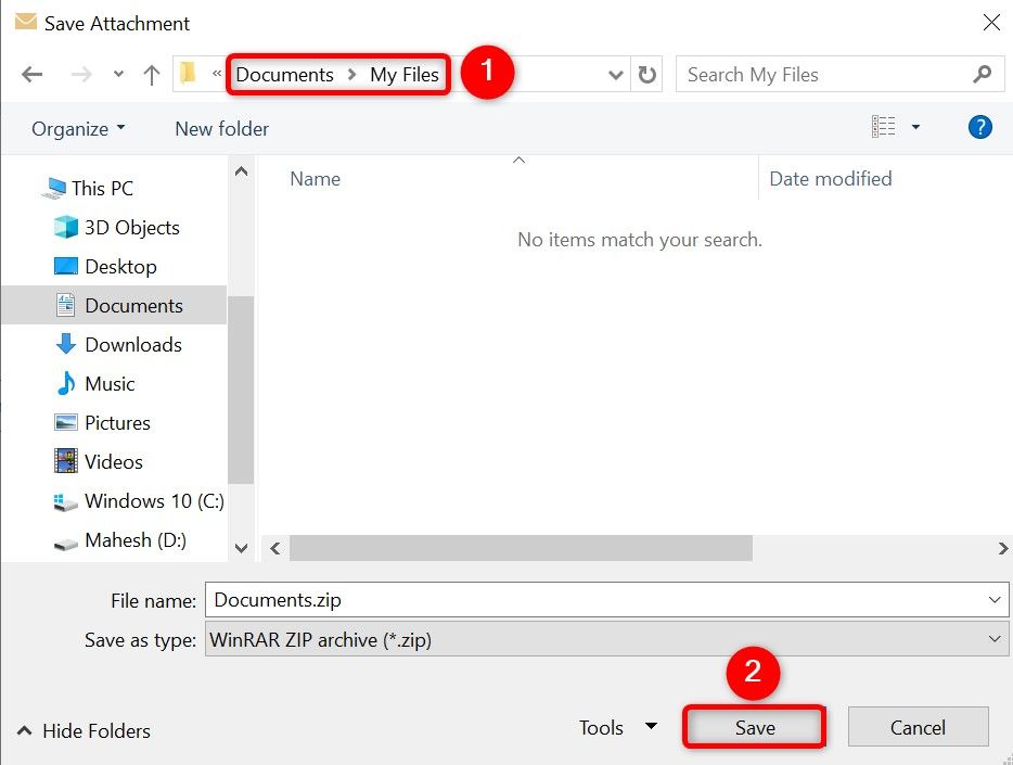 The folder path and 'Save' highlighted on the 'Save Attachment' window.