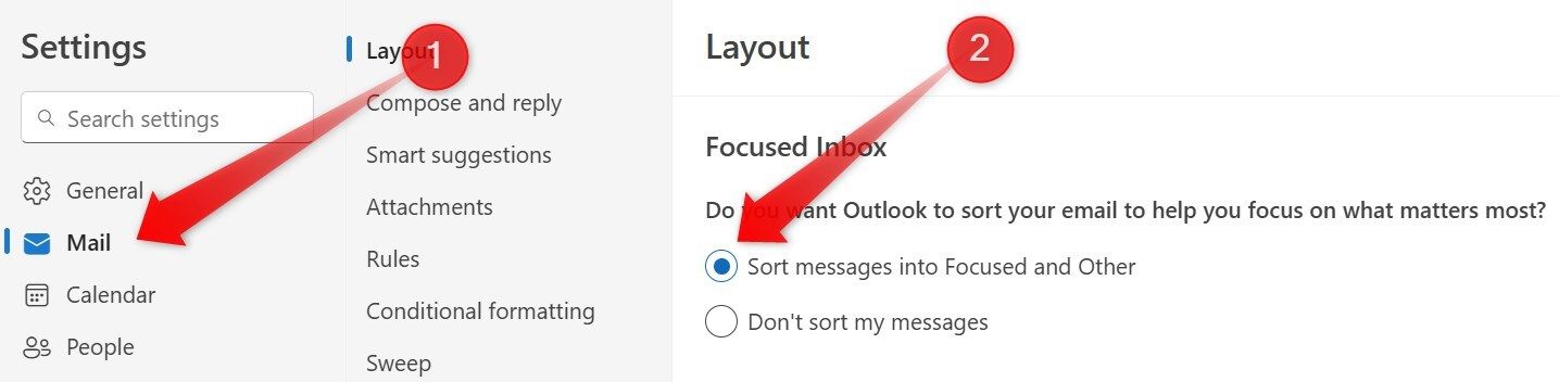 Enabling the focused inbox in Microsoft Outlook.