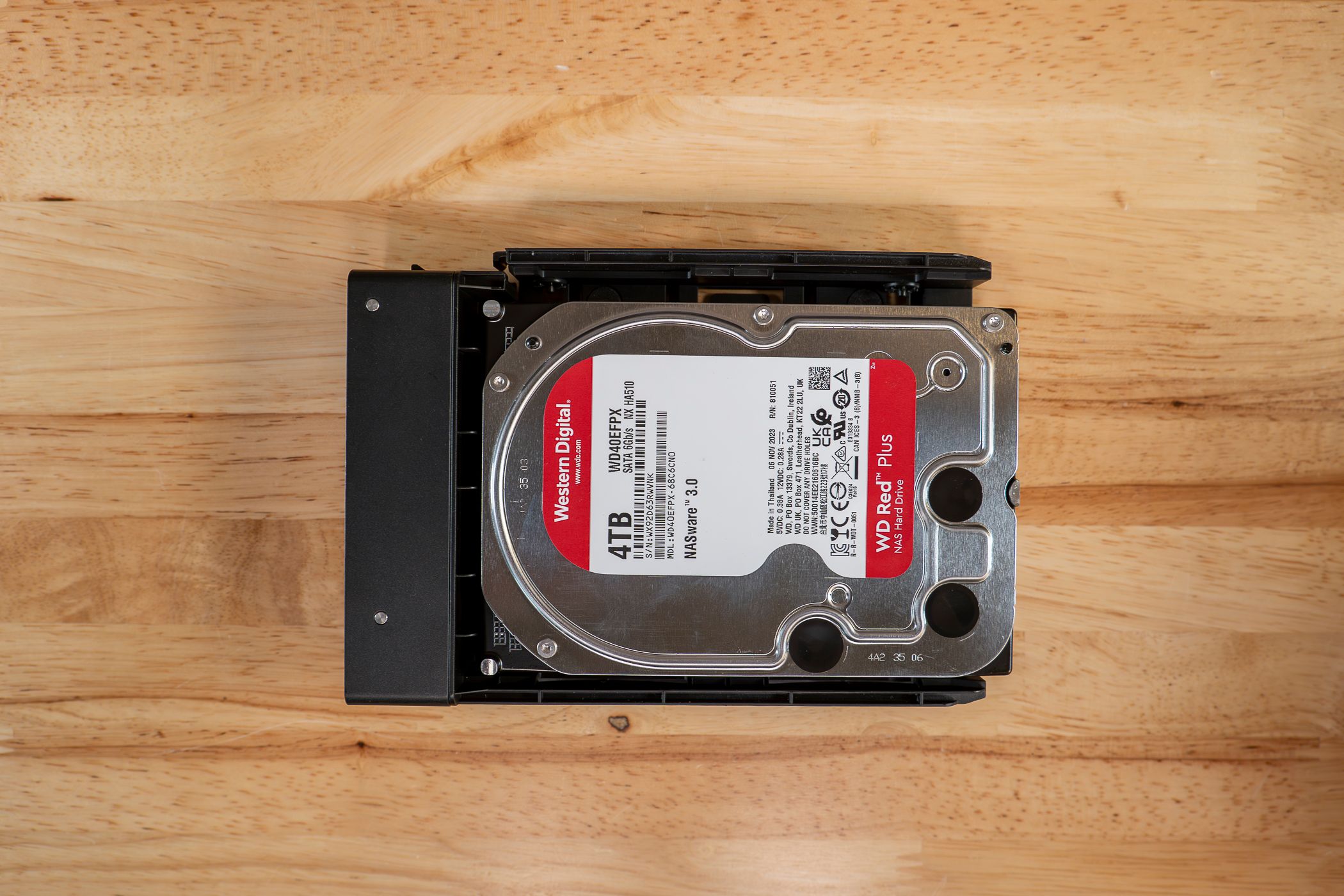 A Western Digital hard drive in a drive bay.