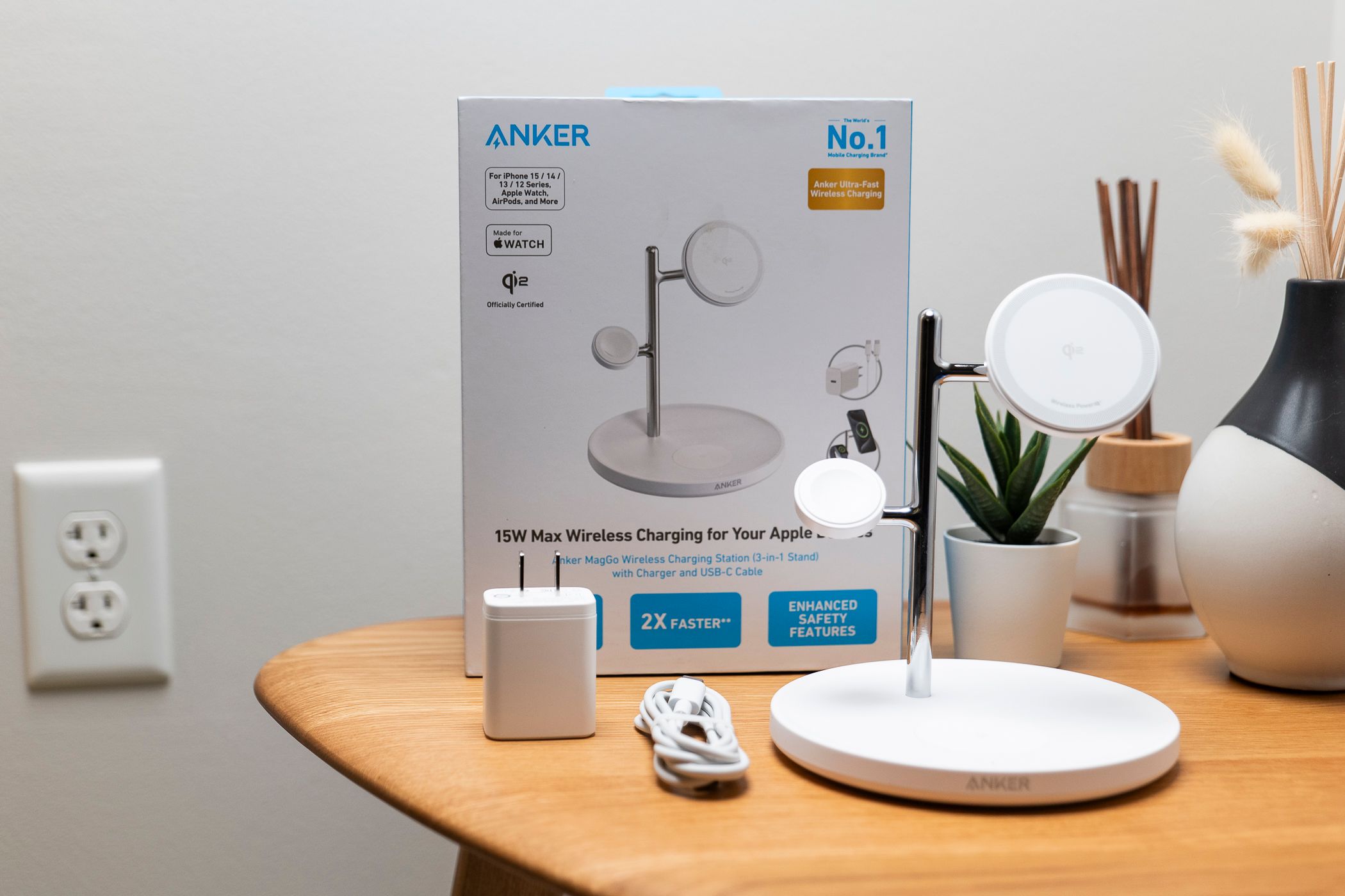 The Anker MagGo Wireless Charging Station (3-in-1 Stand) with accessories and box