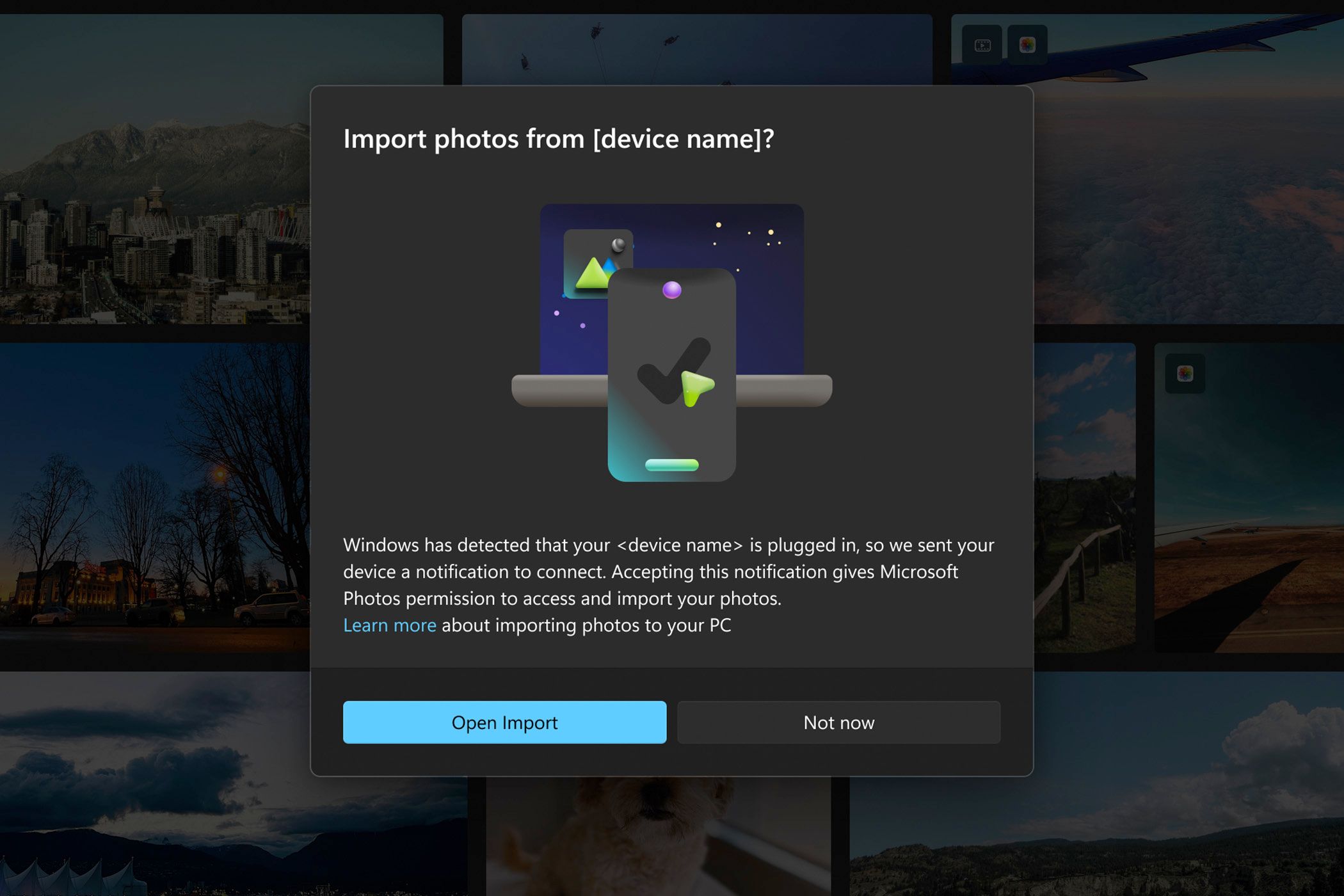 An 'import photos' prompt in the Windows 11 Photos app.