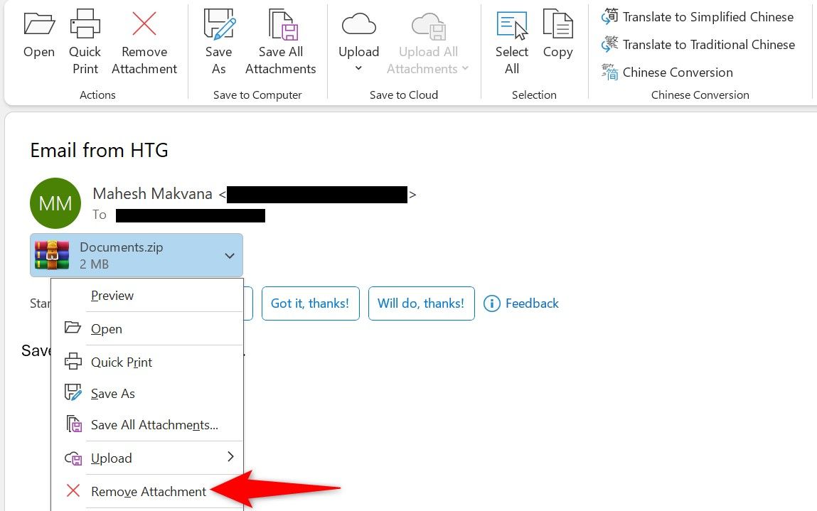 'Remove Attachment' highlighted for an email in Outlook.