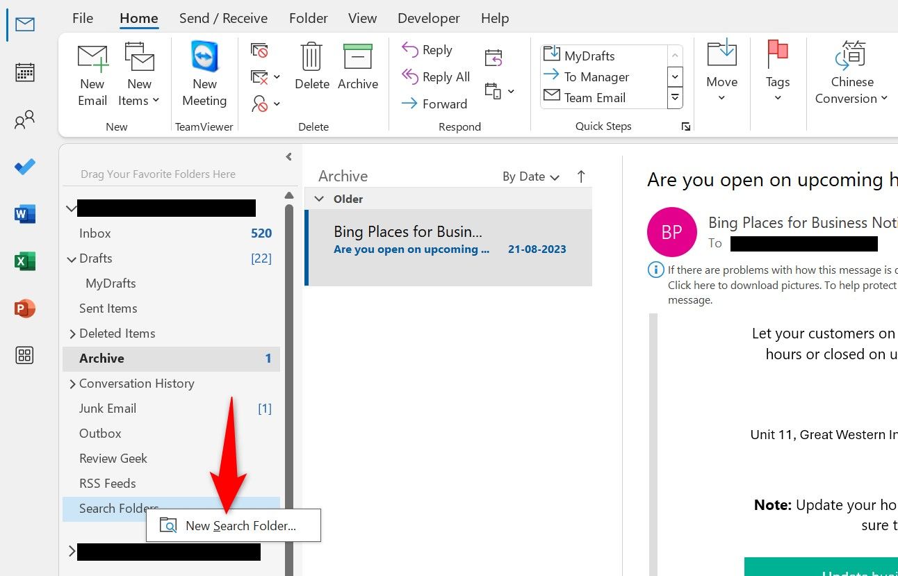 'New Search Folder' highlighted in Outlook.