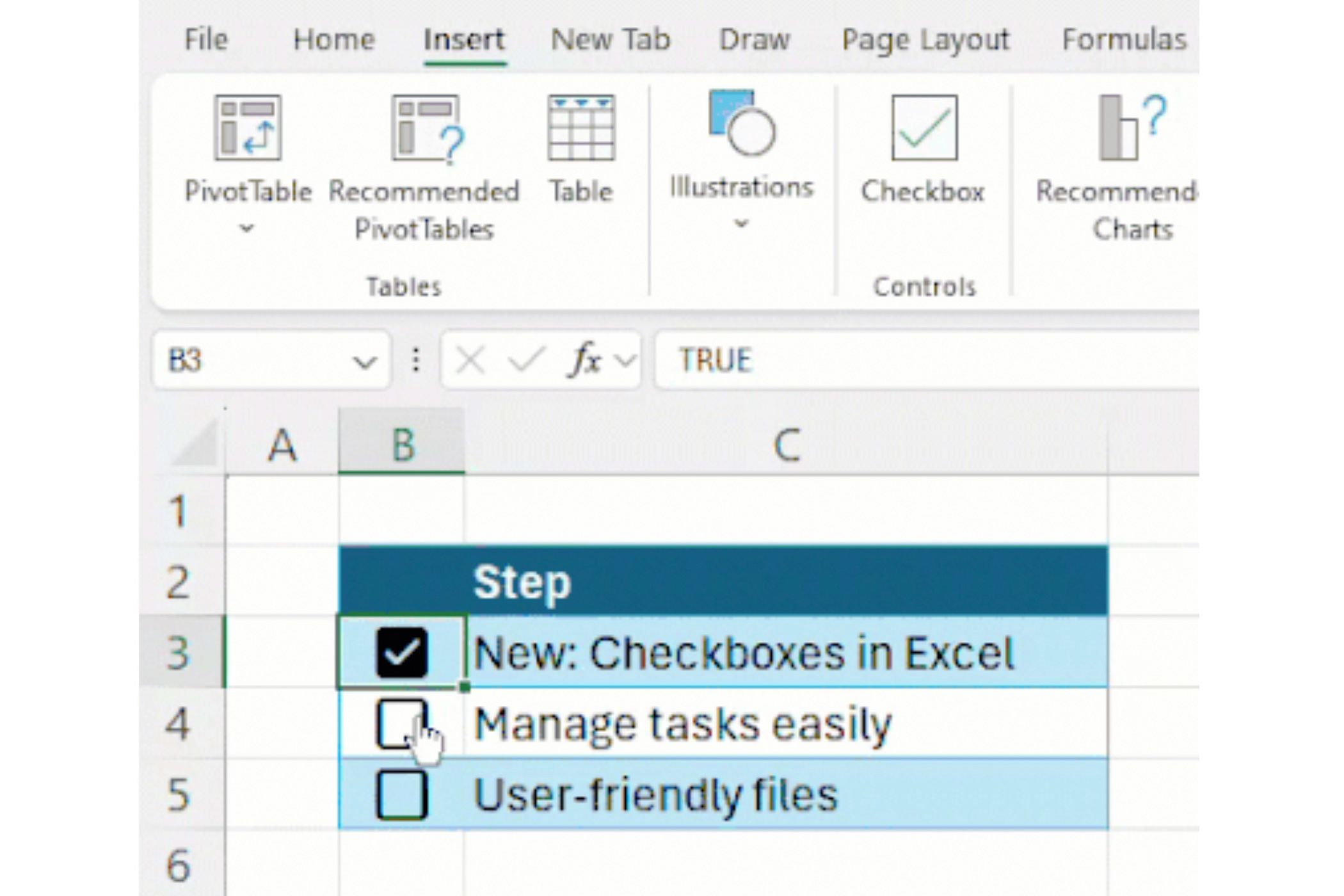 Inserting checkboxes in Microsoft Excel.