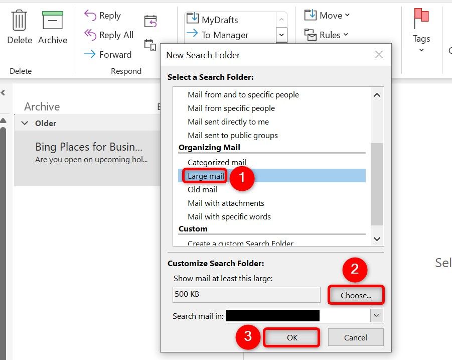 'Large Mail,' 'Choose,' and 'OK' highlighted on the 'New Search Folder' window.