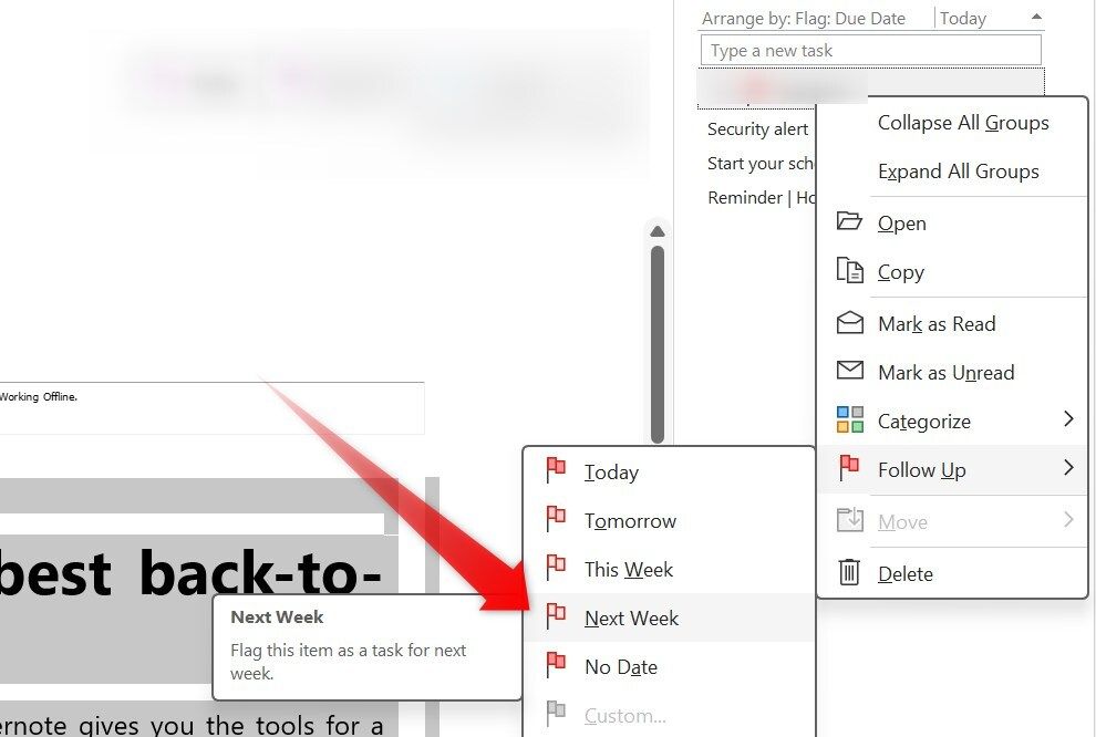 Setting up the follow up schedule for the next week in Outlook.