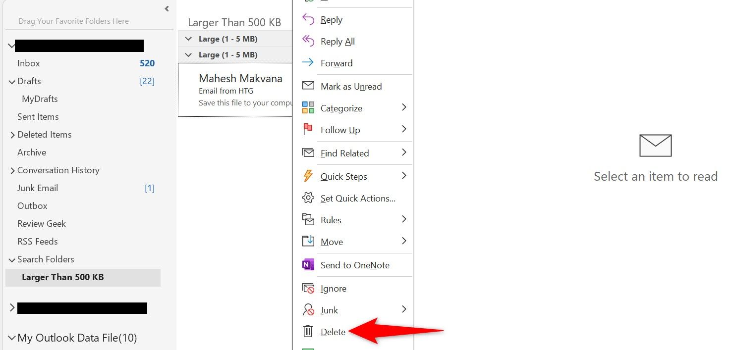 'Delete' highlighted for an email in Outlook.