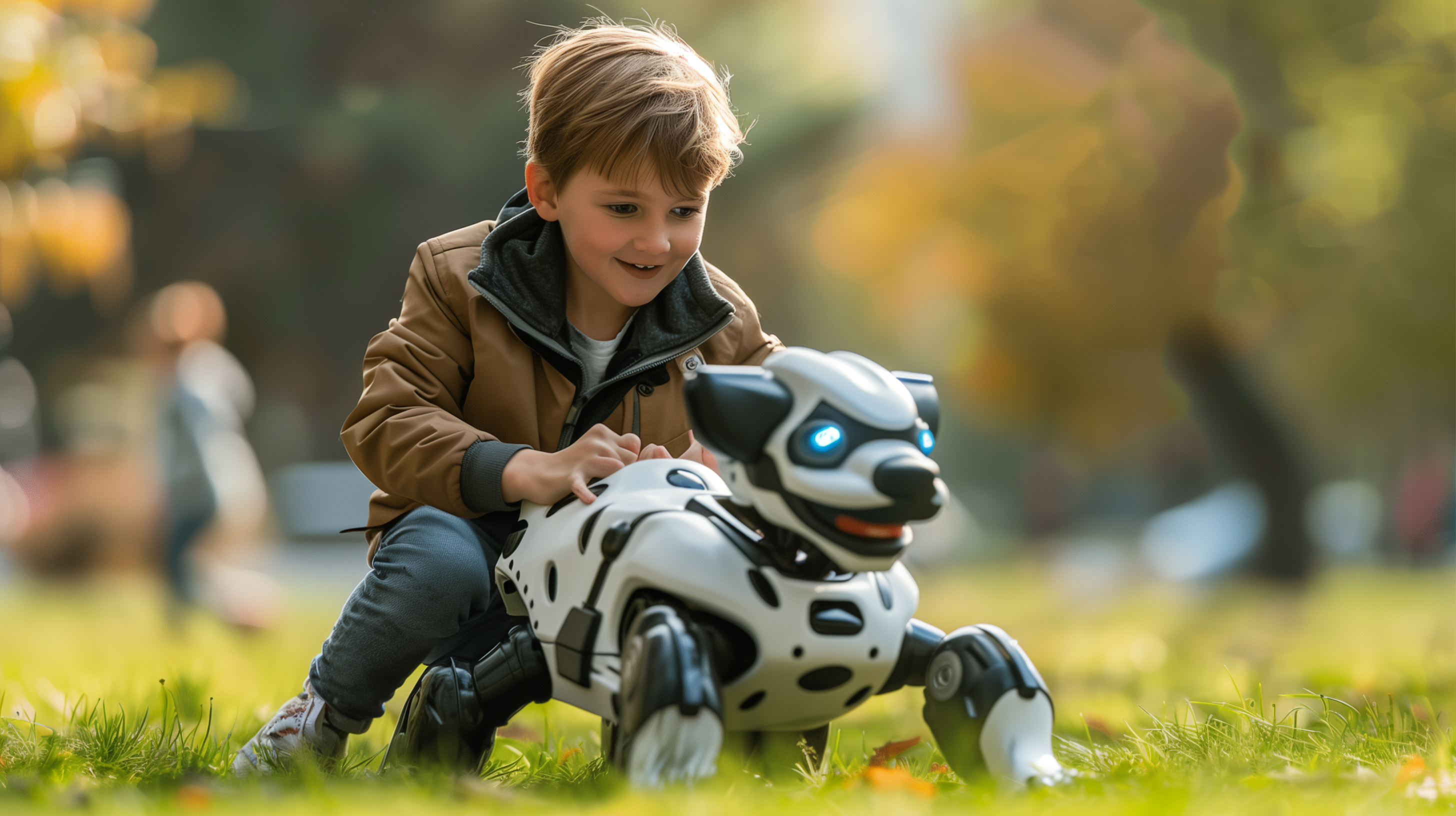 A boy playing wth this robot dog in the park