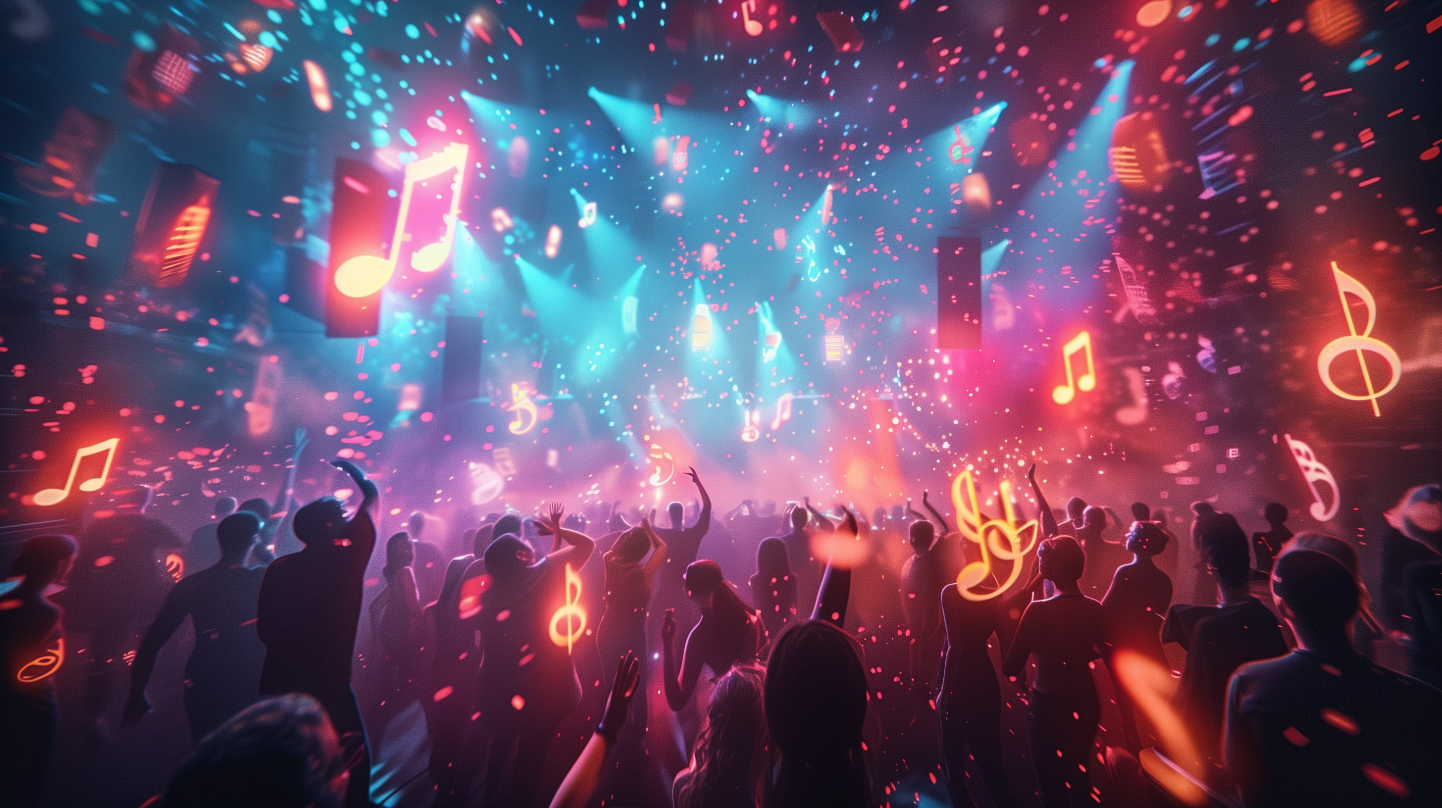 A crowd dancing and holographic music notes falling from above