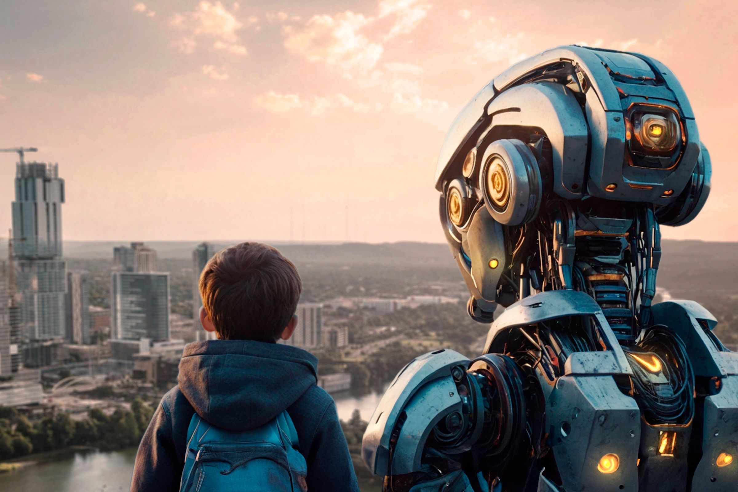 A giant AI robot and a child looking at the city from above.