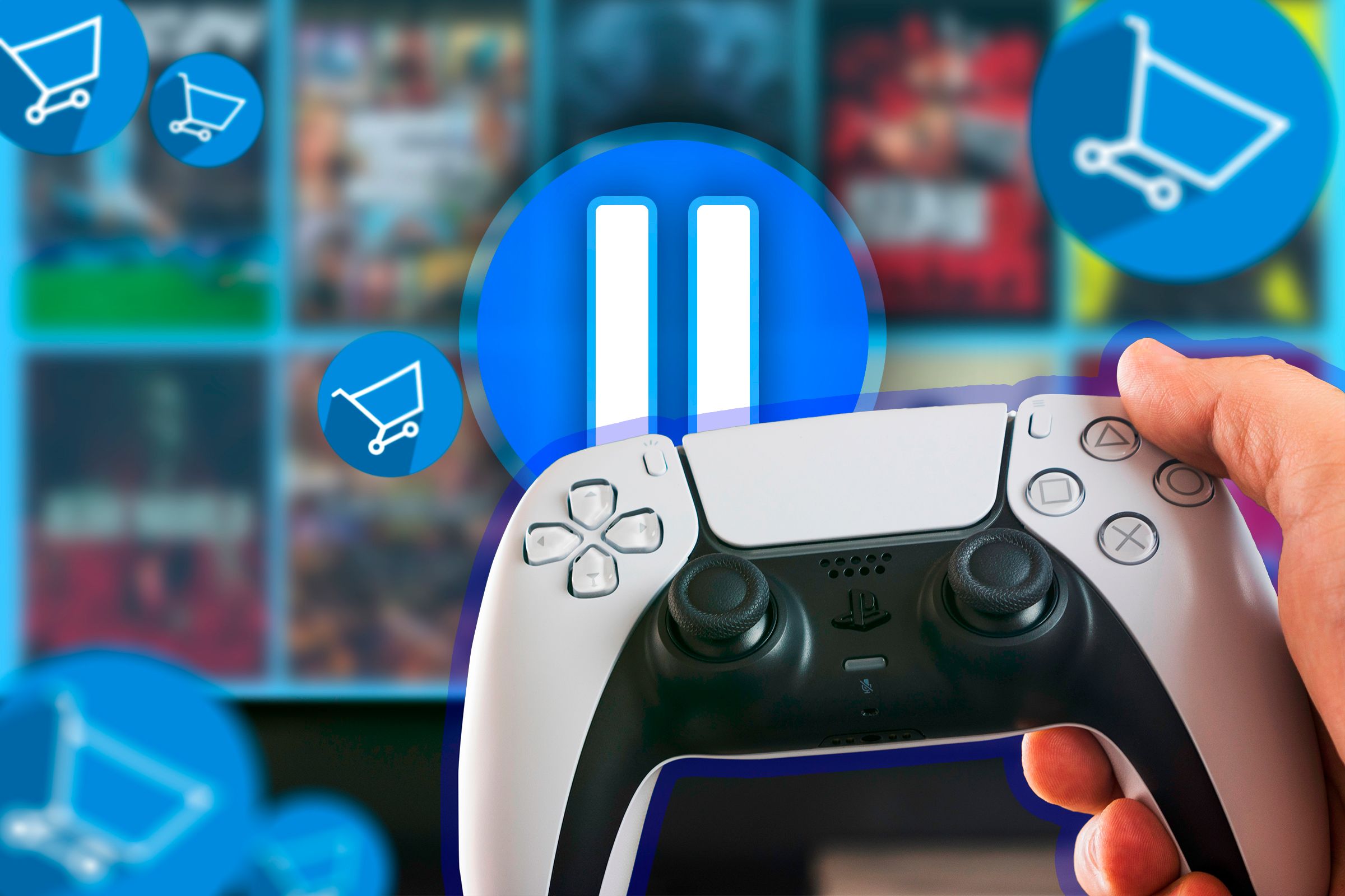 A hand holding a video game controller and a pause icon on the screen.