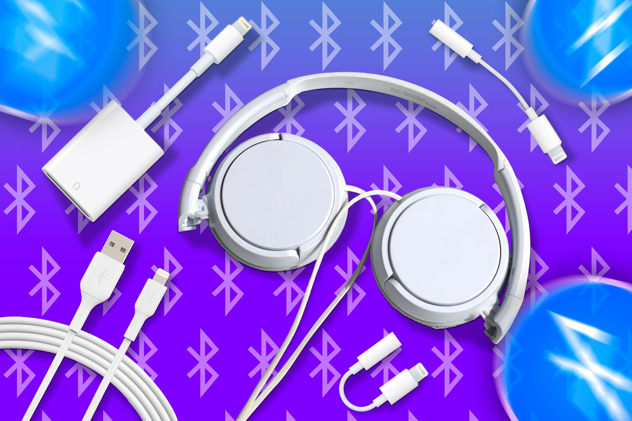 A headphone with some lightning adapters and several Bluetooth icons in the background.