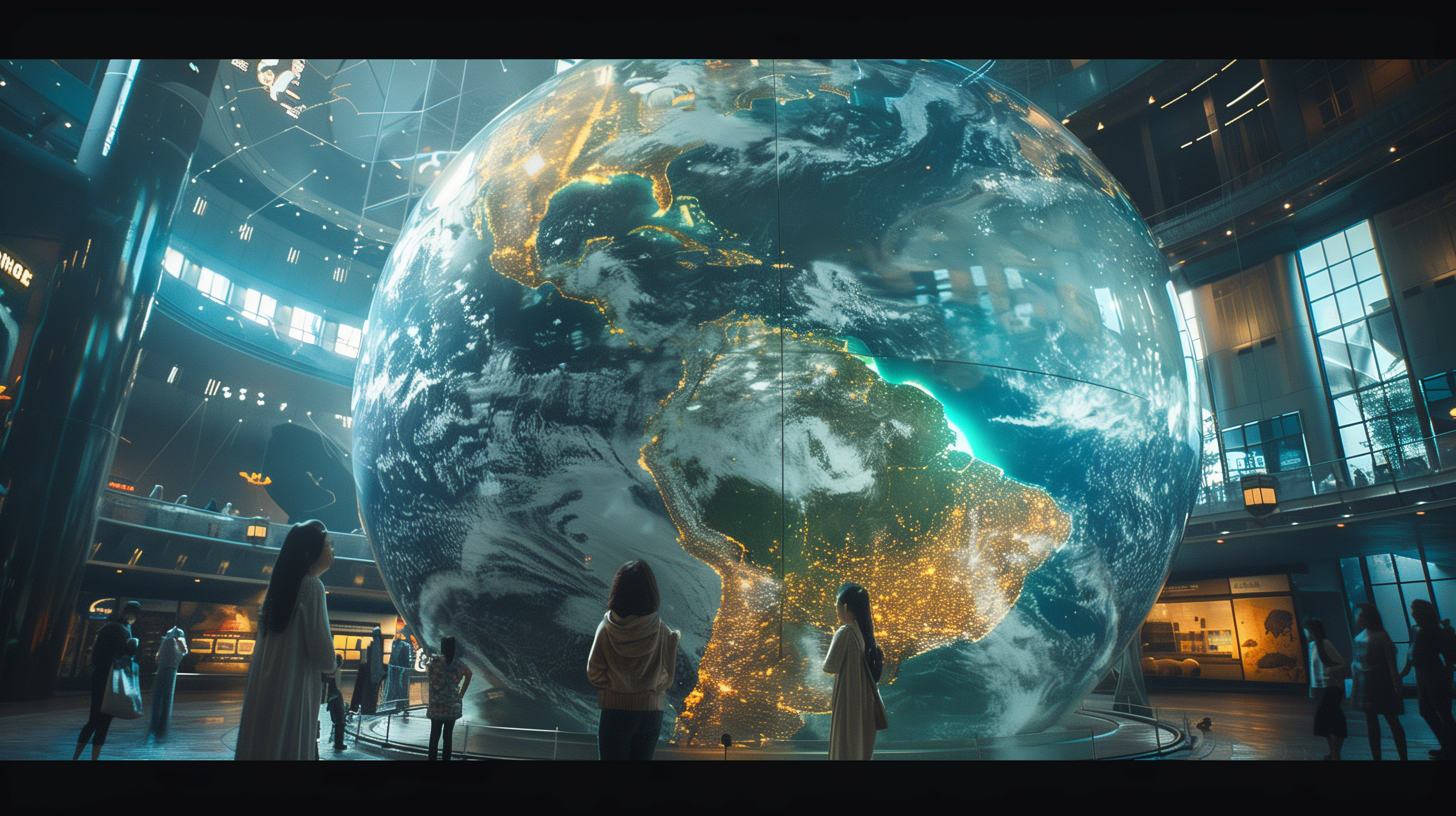 A huge model of the earth and people watching it